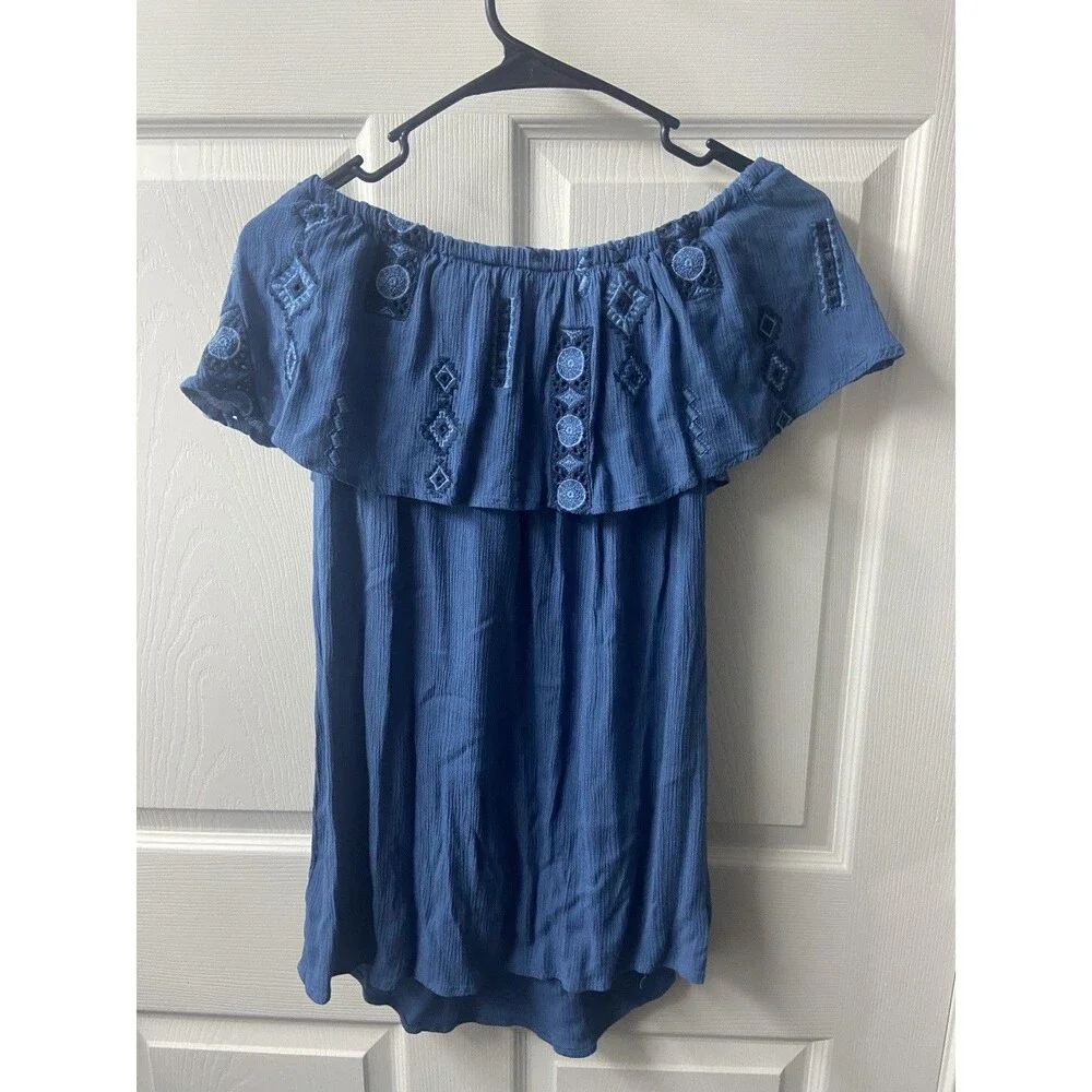 Knox Rose off the Shoulder Top Womens Medium Blue Embroidered Ruffle Long Boho